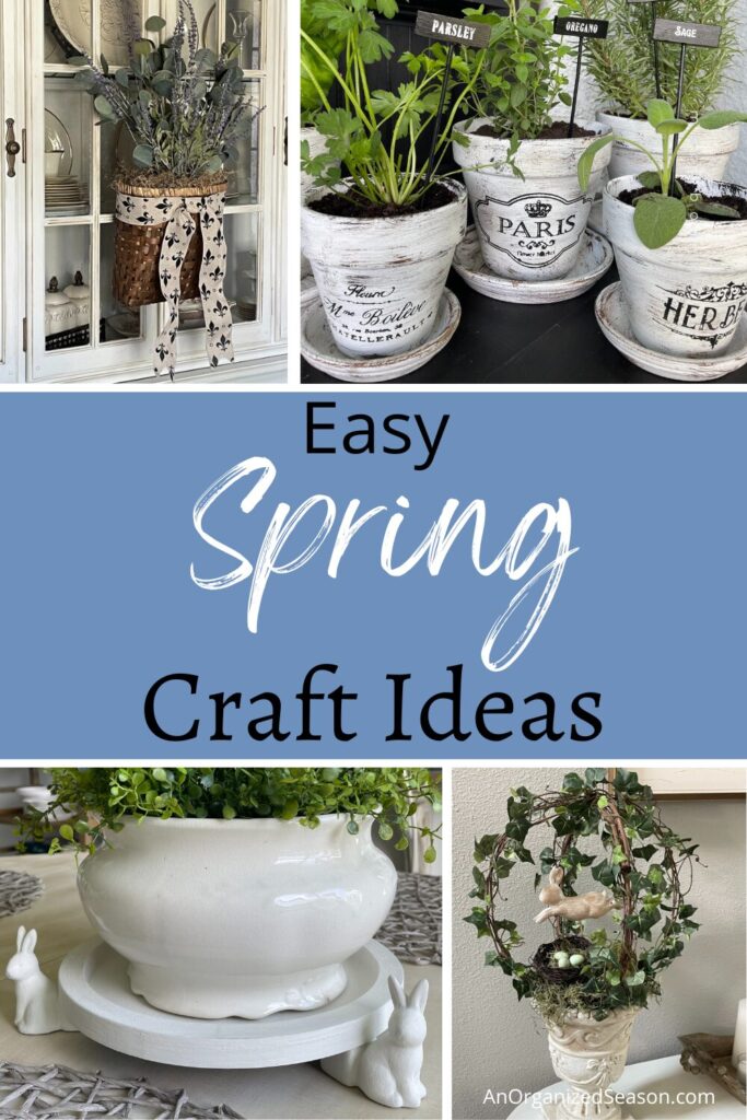 Bunny tray, flower pots, topiary, and basket wreath are Spring craft ideas.