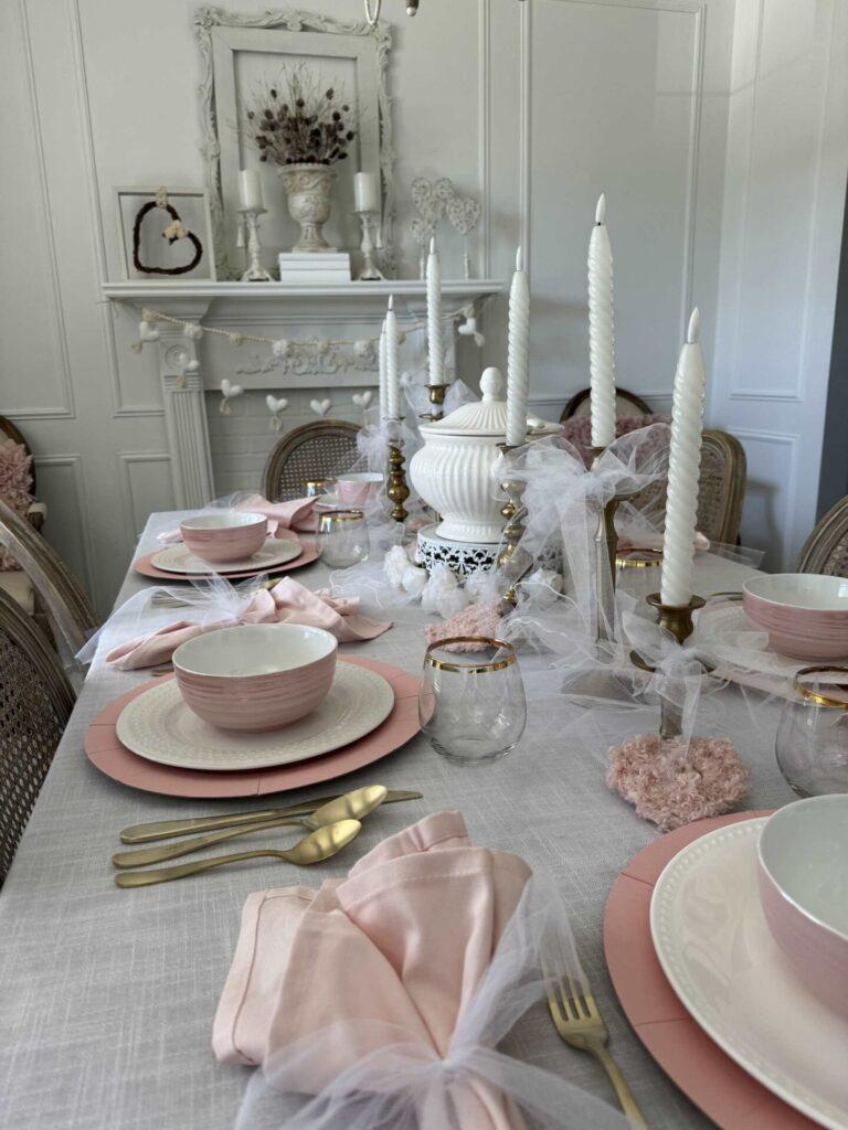 A dining room decorated for Valentine's Day. 