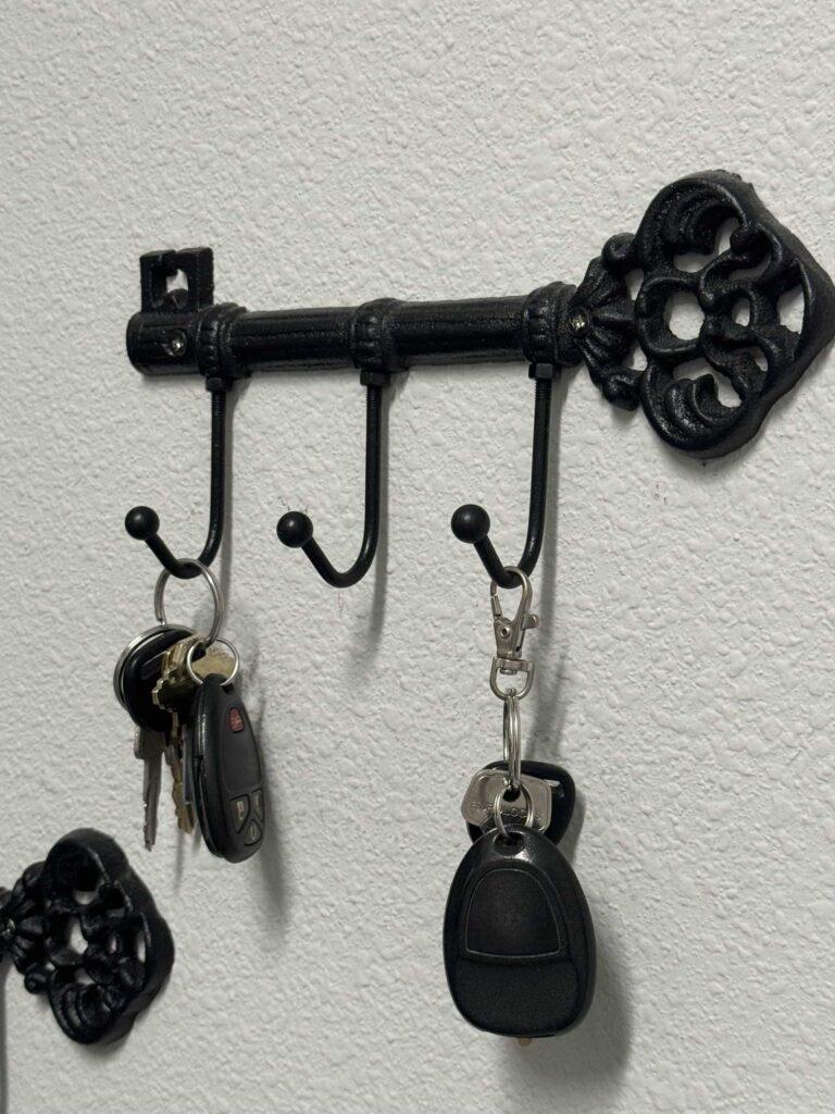 A key holder in the shape of a key. 