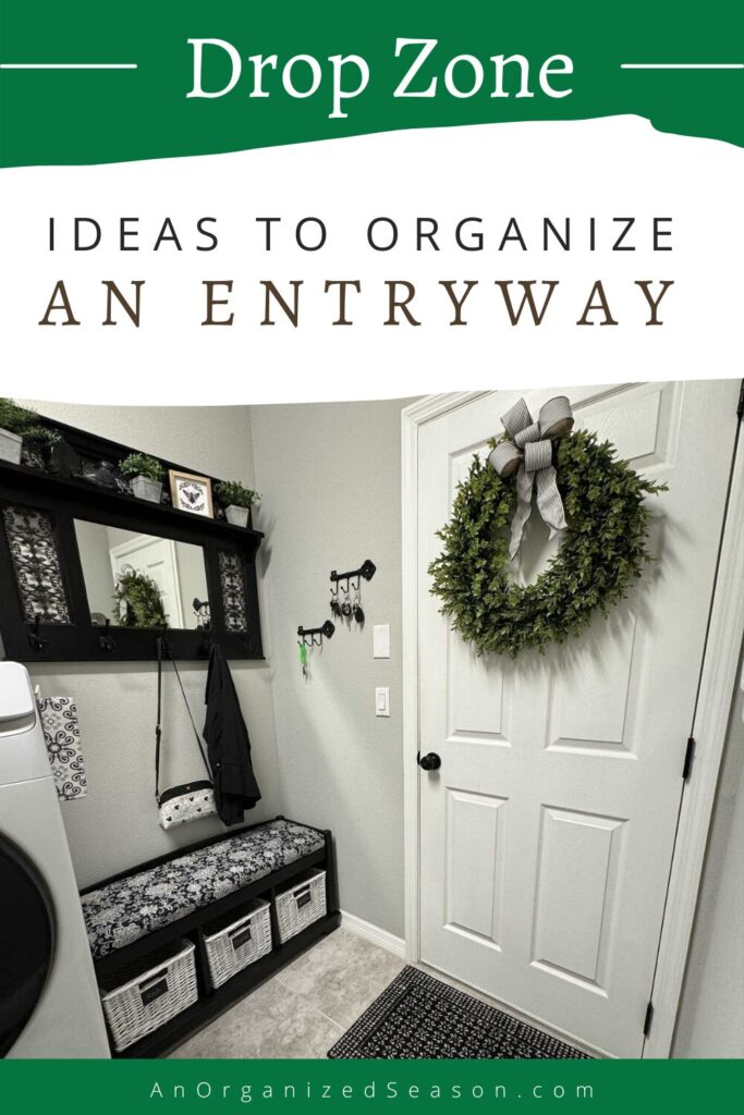 Organized bench and mirror in a laundry room entrance drop zone. 