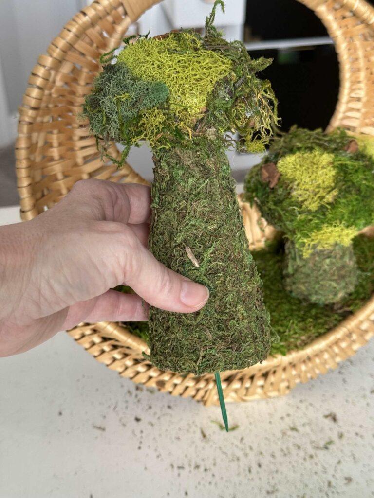 Step four to make a moss mushroom wreath is to secure two moss mushrooms into the basket. 