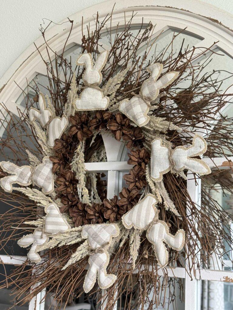 Add bunnies around a wreath for an easy Spring decor idea. 