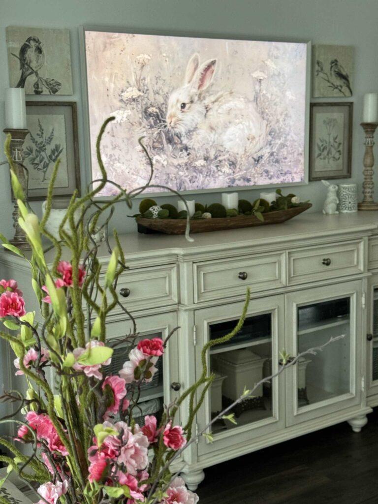 Put bunny art on a frame TV for an easy Spring decor idea. 