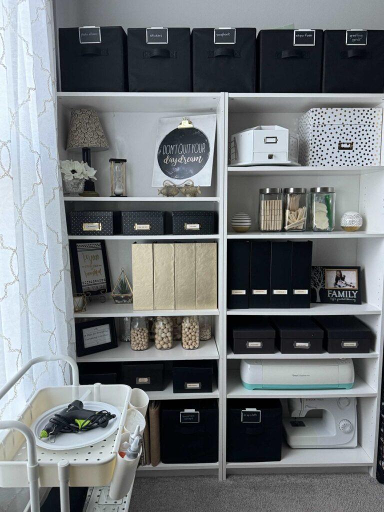 Craft room organization tip #7 is to use bookshelves for vertical storage space.