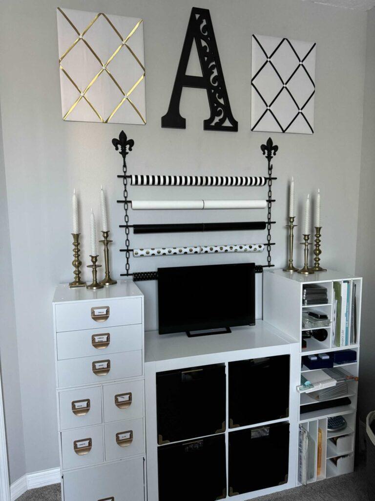 White storage cubes organized with craft items. 