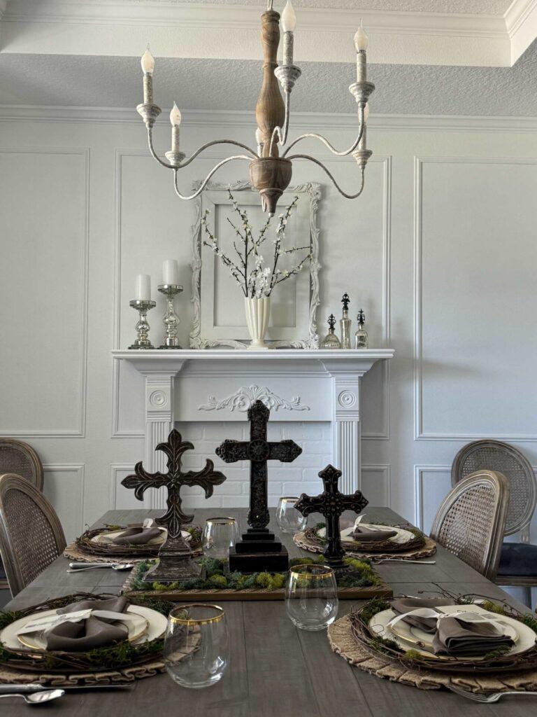 Great Easter decor idea to use three crosses in a centerpiece on a dining table. 