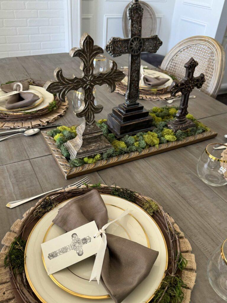 Use three crosses for a great Easter table idea for a centerpiece. 