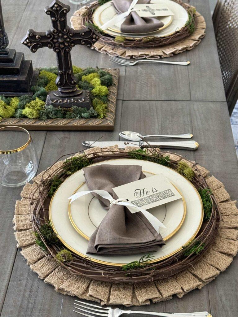 A charger plate that resembles a crown of thorns is a good idea for an Easter table. 