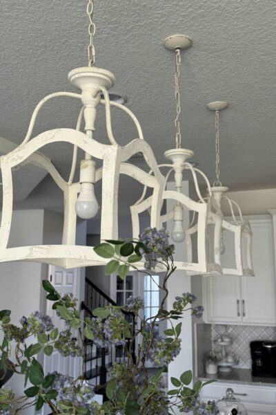 Three white pendant lights.