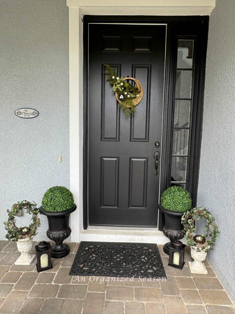 A front porch decorated for Spring.