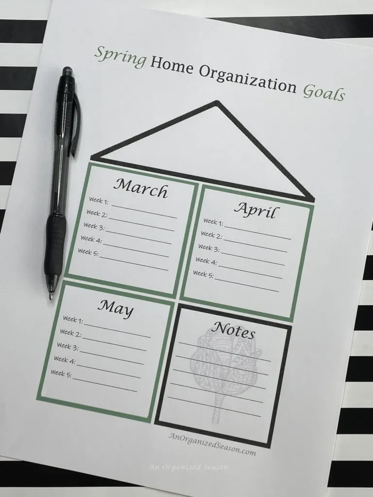 Calendar goal sheet for the Spring Home Organization Challenge. 