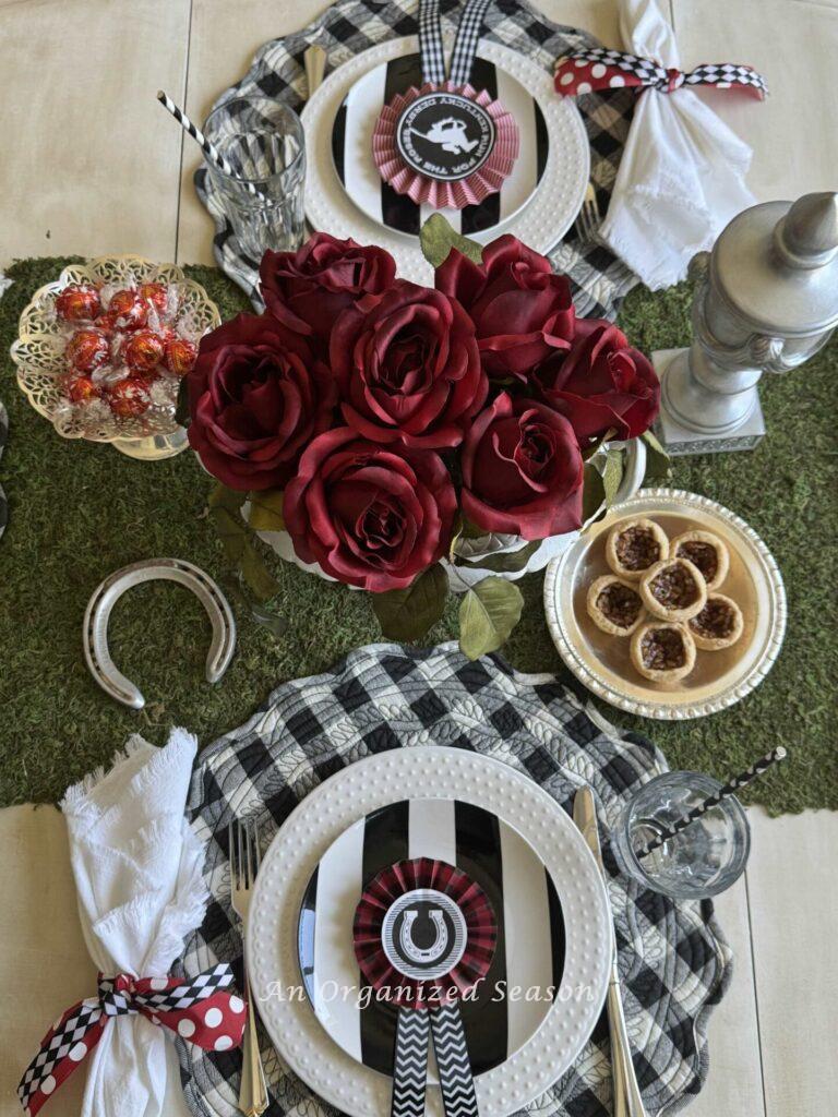 Overhead shot of a kitchen table decorated for a Derby party.