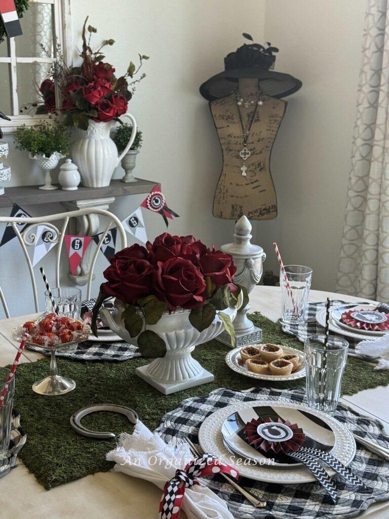 Kentucky Derby Party Idea #4- use a moss roll as a runner on kitchen table.