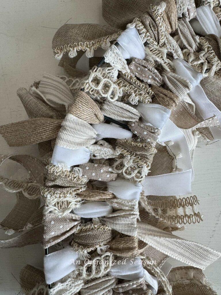 The back side of a finished ribbon wreath. 