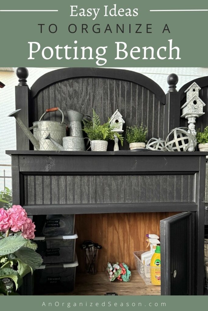 Potting bench with an organized cabinet.