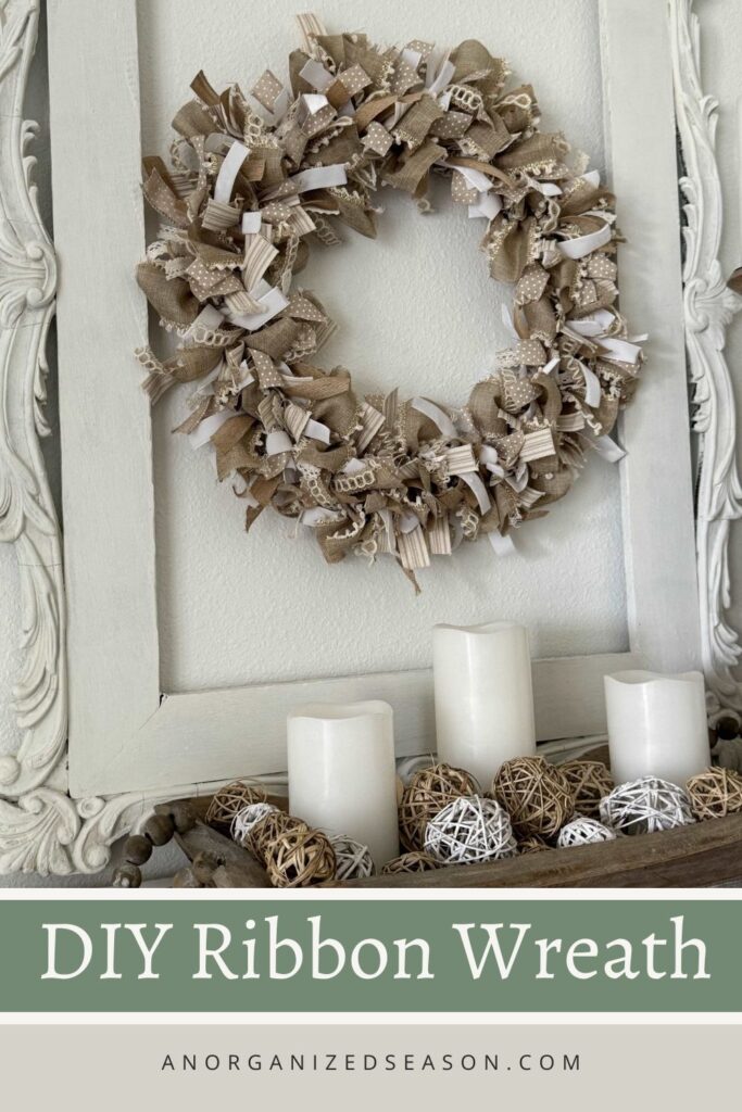 DIY Neutral Ribbon Wreath hanging on fireplace
