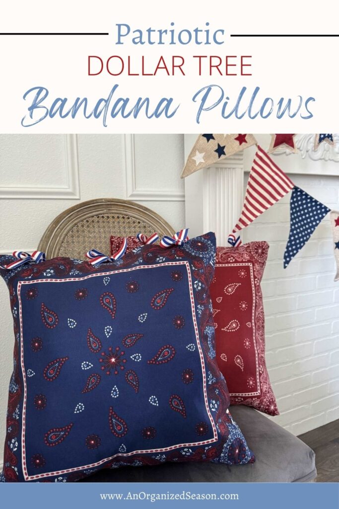 Two red, white, and blue bandana pillows. 
