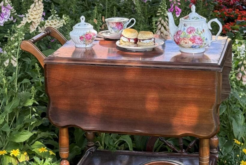 Teas set on a wooden cart in a garden
