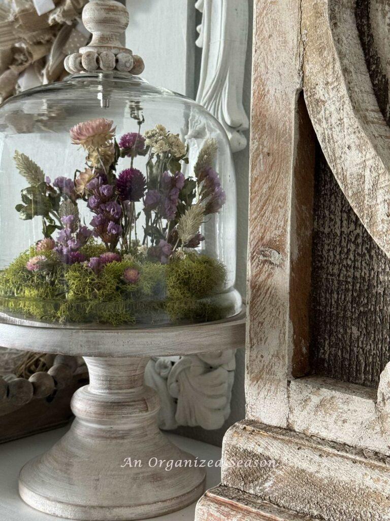 A cloche with pretty flowers surrounded by a bed of moss. 