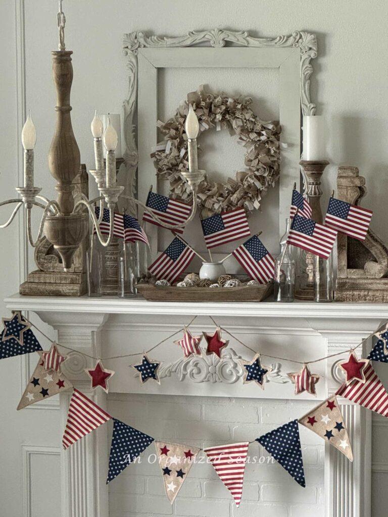 A fireplace decorated for a patriotic holiday. 