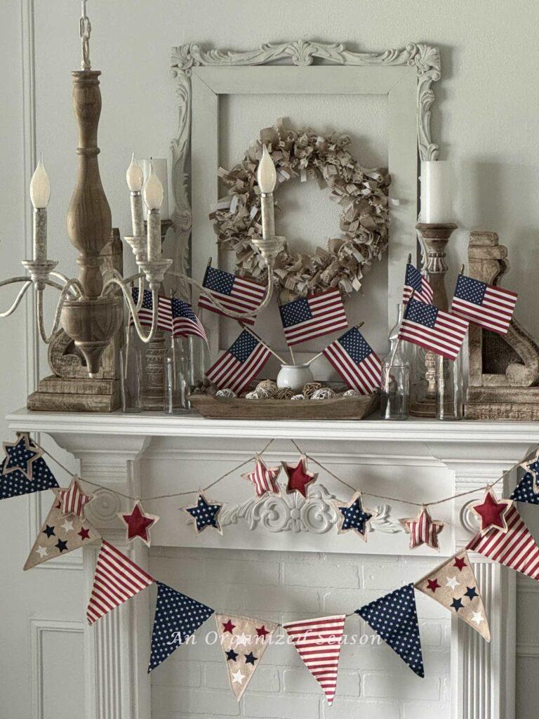 A fireplace decorated for a patriotic holiday.