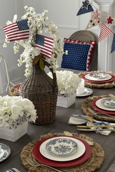 Table decorated with red, white, and blue.