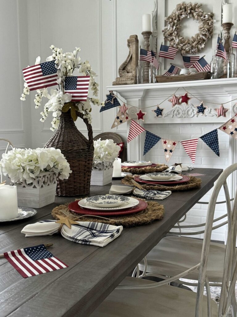 A dining room decorated for a patriotic celebration. 