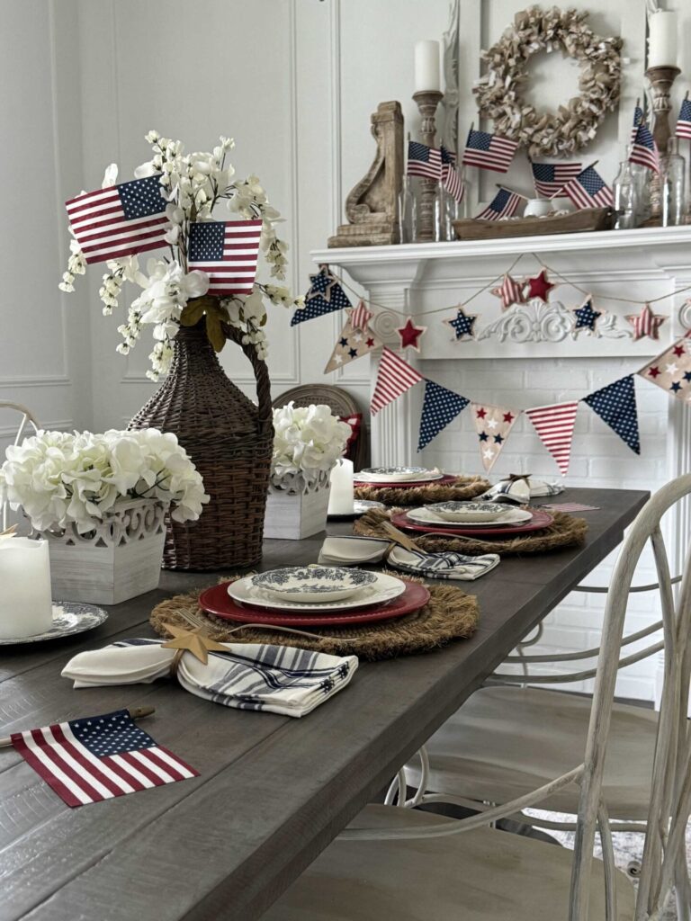 A dining room decorated for a patriotic holiday. 