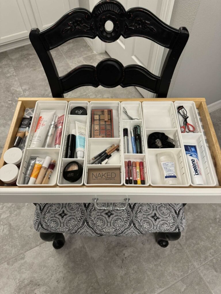 Step seven to organize makeup is to arrange it into organizing trays with dividers. 