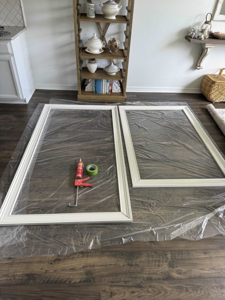 Step four  to upgrade a bathroom mirror is to adhere frames together. 