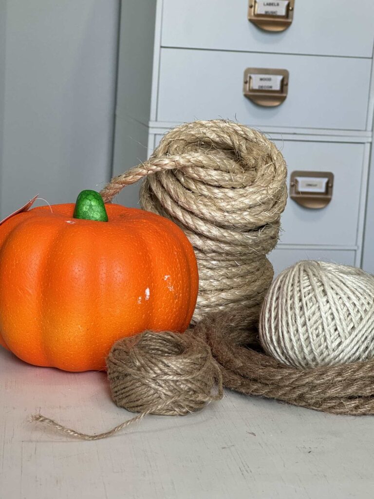 Dollar Tree foam pumpkin with two types of rope and two types of twine. 