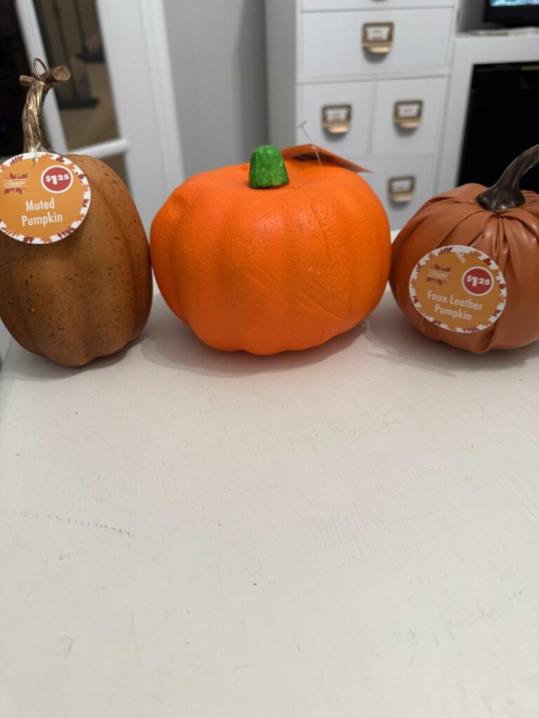 Three pumpkins purchased from Dollar Tree. 