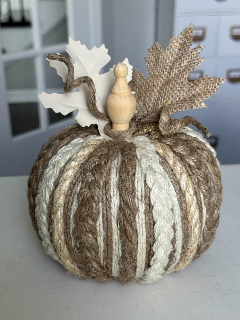 A DIY rope and twine pumpkin. 