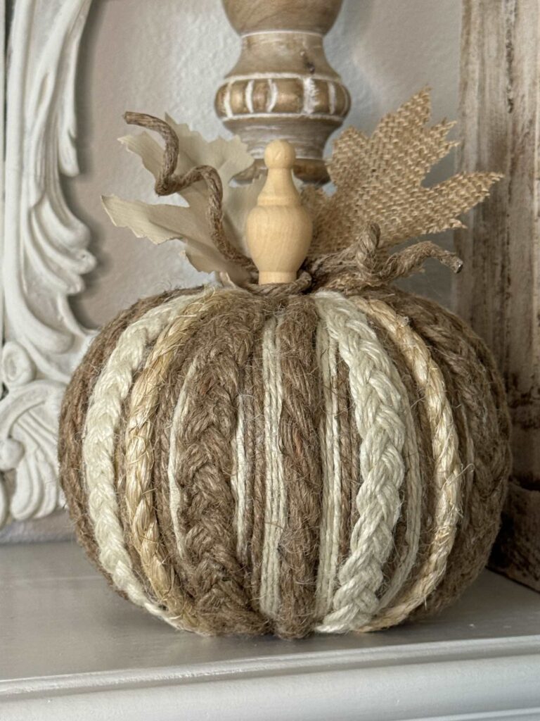 A DIY pumpkin made from rope and twine. 