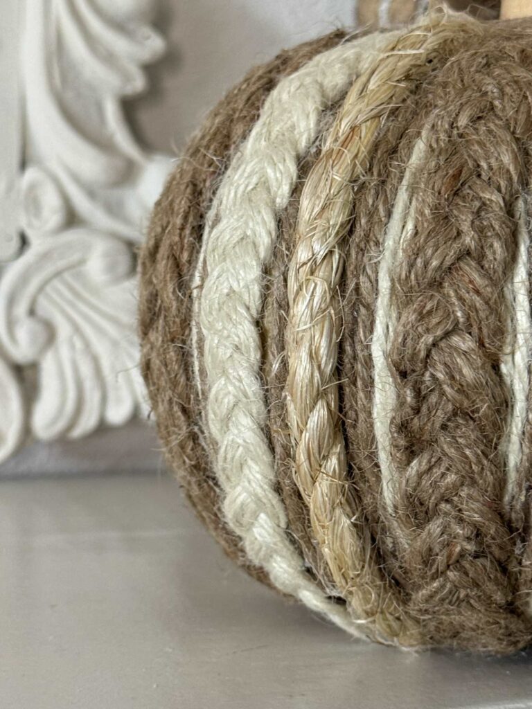 A close up of the texture of a  DIY rope and twine pumpkin.