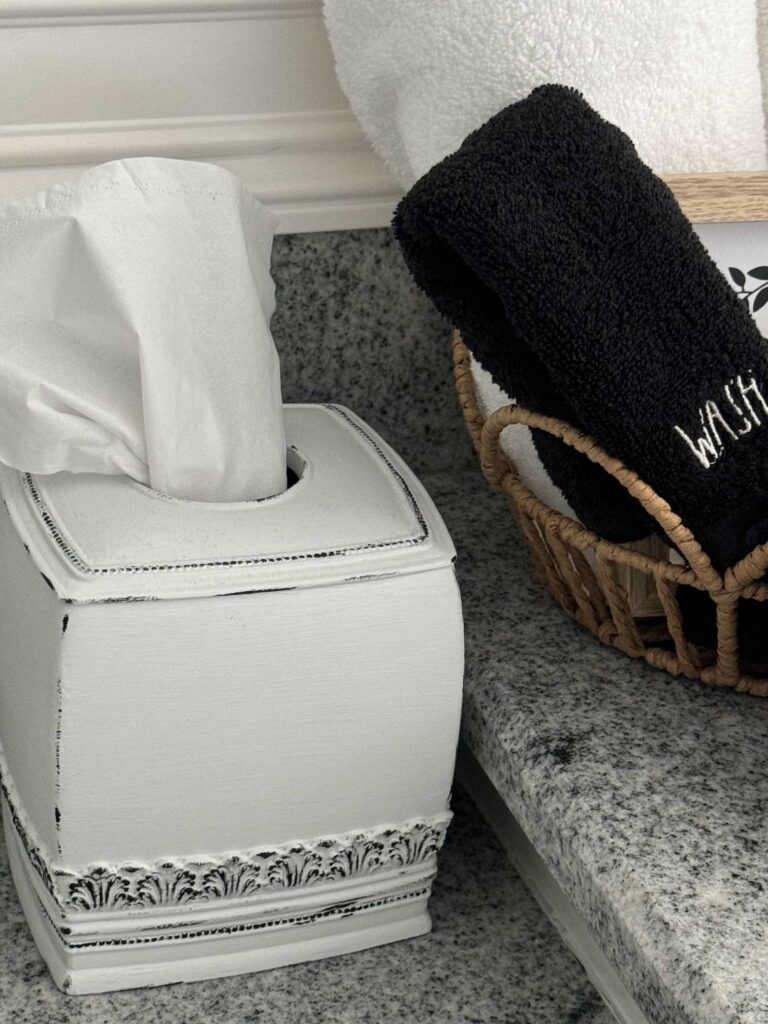 White distressed tissue box holder. 