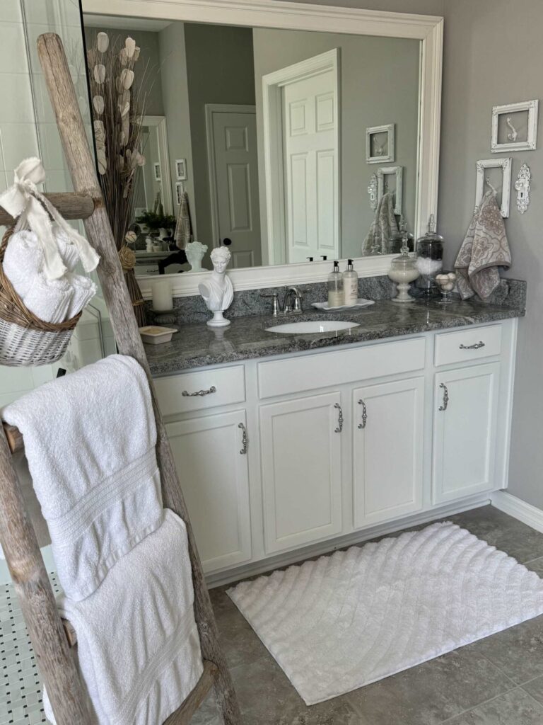 An organized bathroom counter top. 