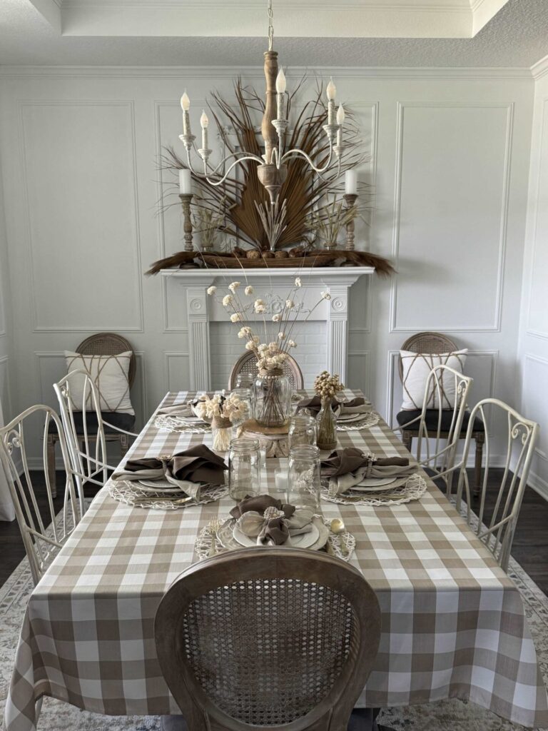 Fall decorating in a white dining room. 