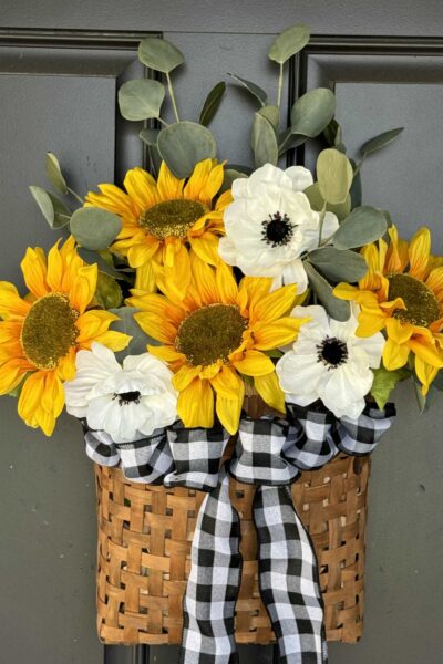 DIY sunflower wreath in a basket.