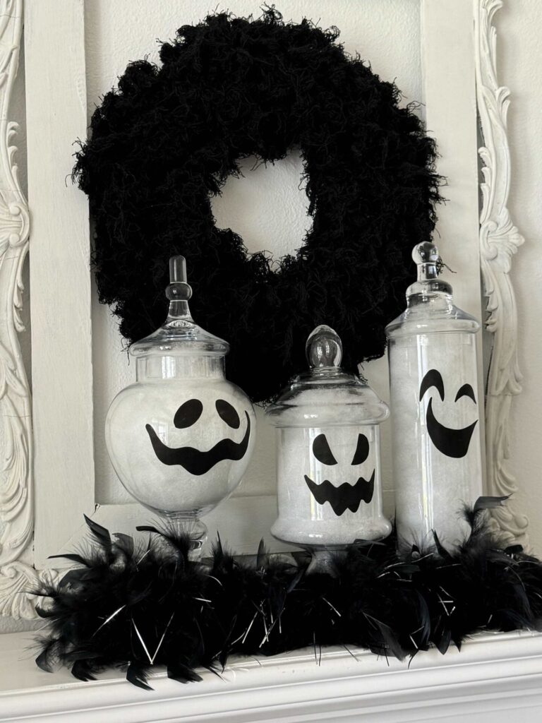 Halloween apothecary on a mantel. 