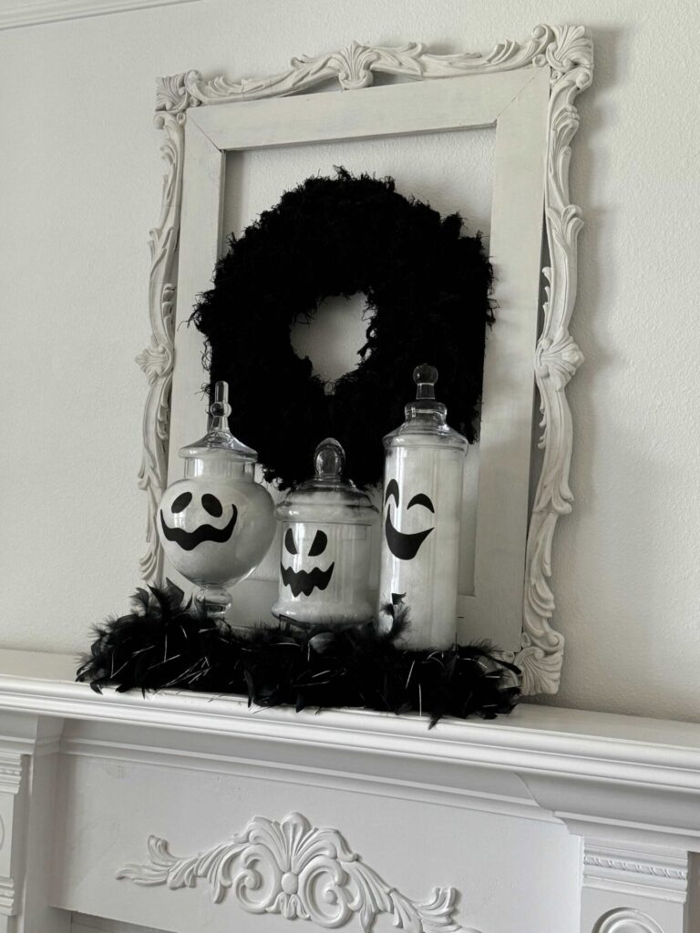 Three ghost jars sitting on a fireplace. 