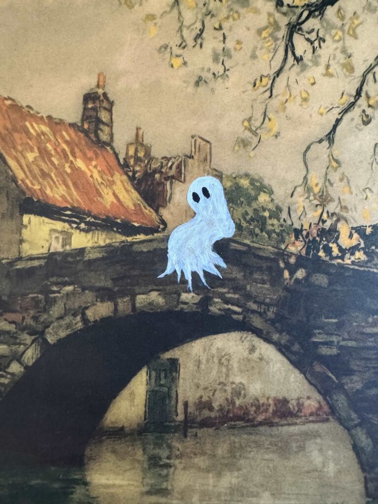 Painting with a ghost sitting on a bridge. 