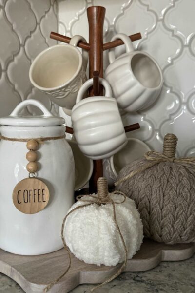 Pumpkin coffee mugs, coffee canister, and yarn pumpkins