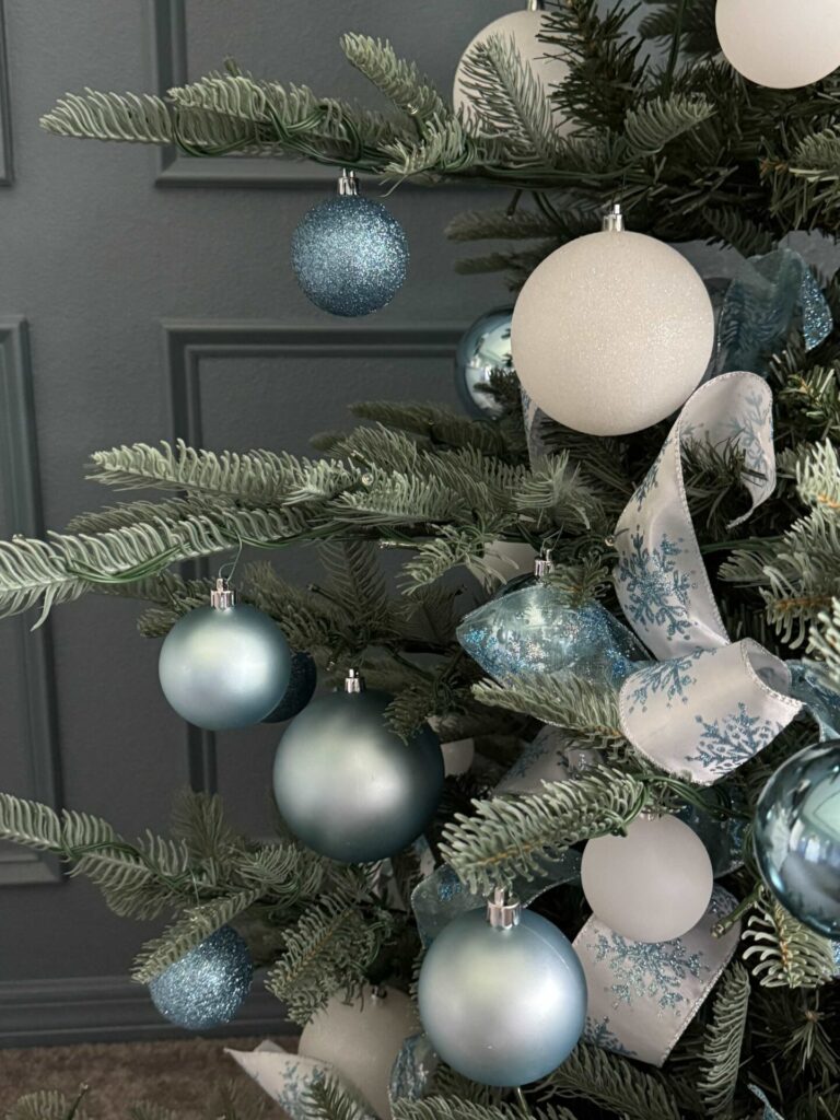 Blue and white orb ornaments. 