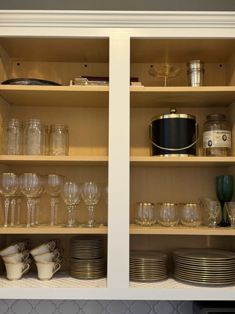 Organized shelves in a butler's pantry. 