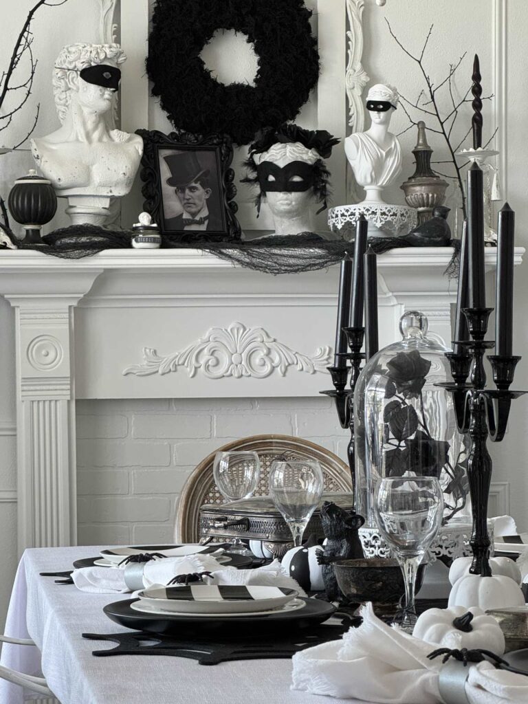 A black and white Halloween tablescape. 