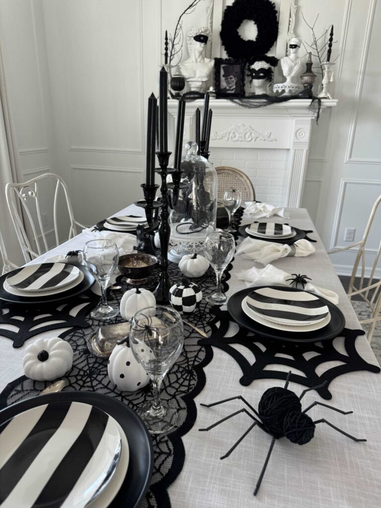 Black and white Halloween tablescape. 