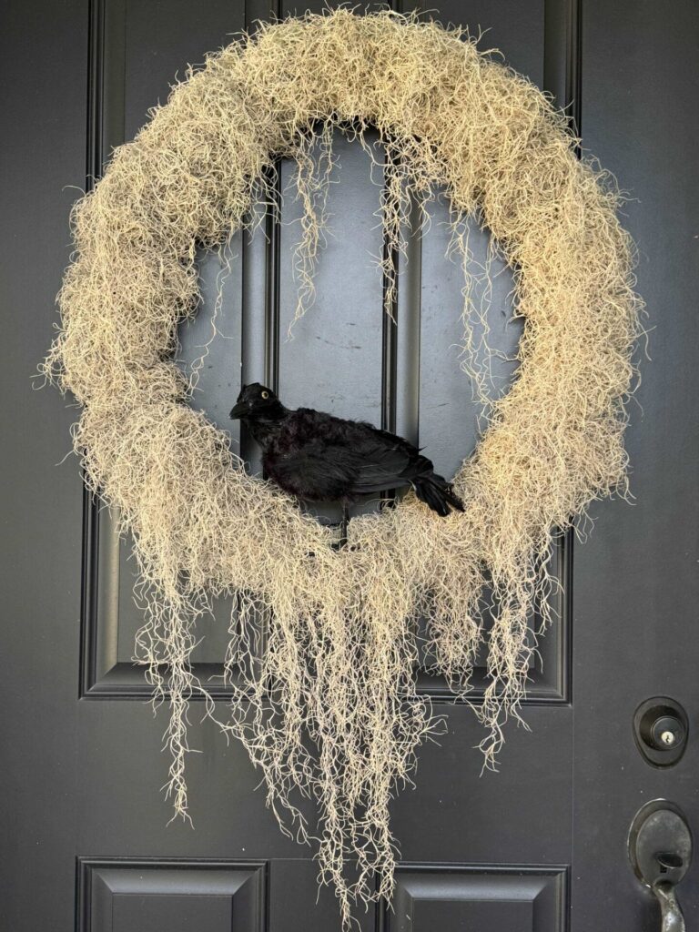 Halloween wreath made with Spanish moss and a black crow on a front porch.