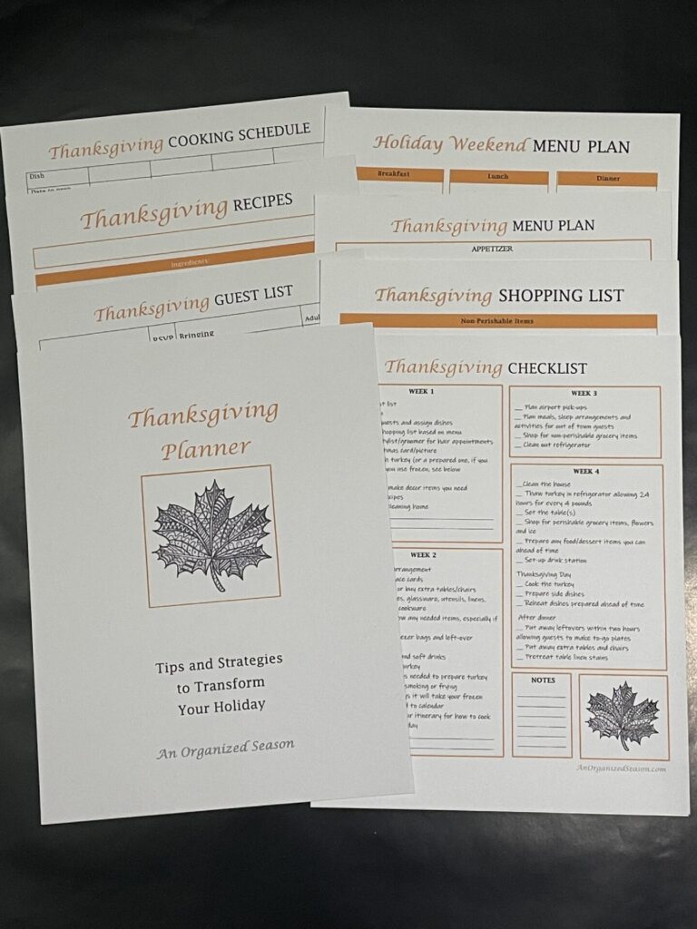 Eight sheets of a Thanksgiving planner. 