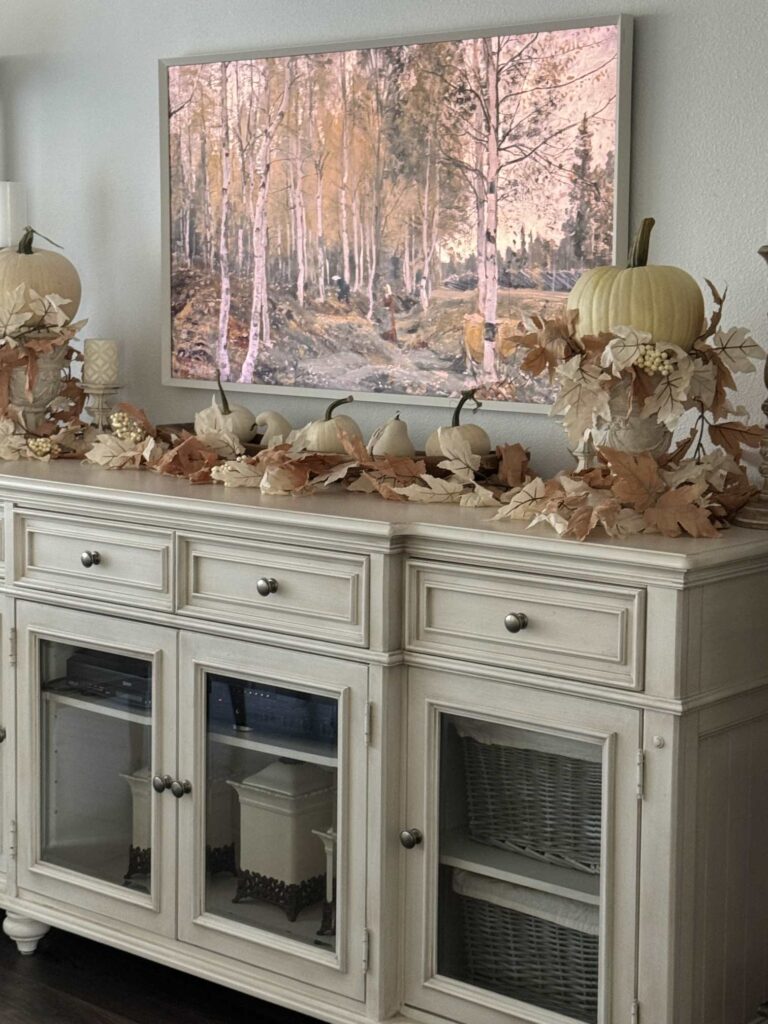 Living room  TV console table decorated for a Fall home tour. 